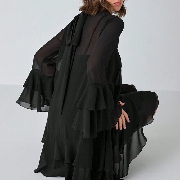 Black Casual Women's Romantic Elegant Chiffon Long-Sleeve ruffled hem dress - Picture 3 of 8